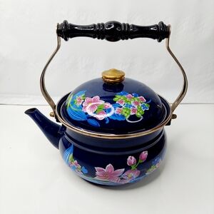 Floral Blue Teapot with Black Handle